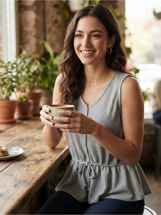 belle tweed Tops - Elle Grey Waffle V-Neck Tie-Waist Camisole